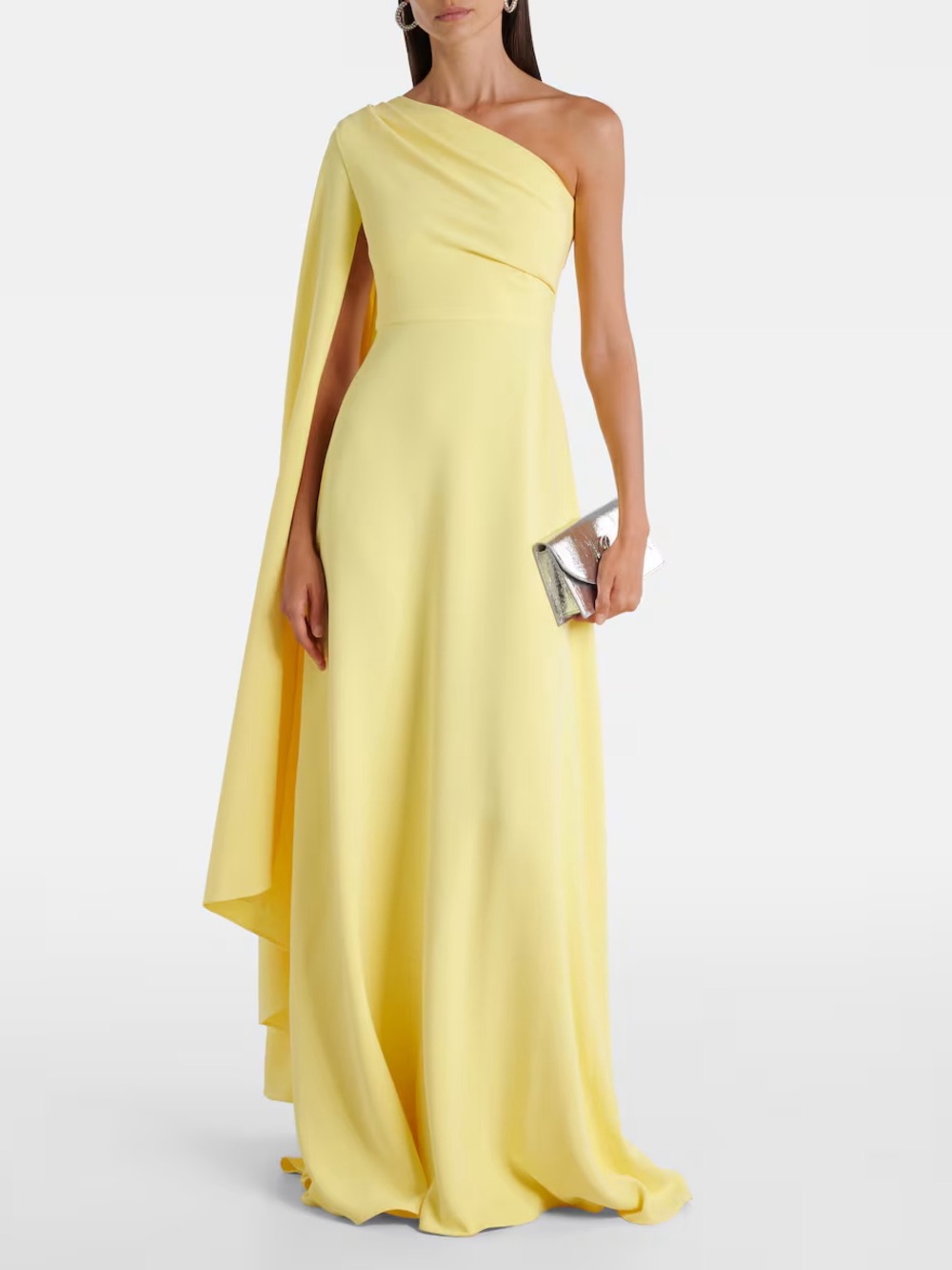 One-Shoulder Yellow Evening Gown with Draped Cape Detail